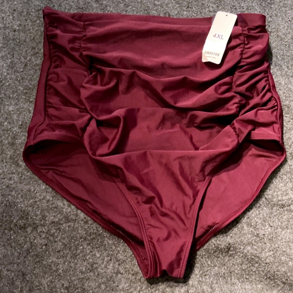 Bikini Bottom Womens 4XL Burgundy NWT High Waisted Ruched Tummy Control‎ Plus Sz